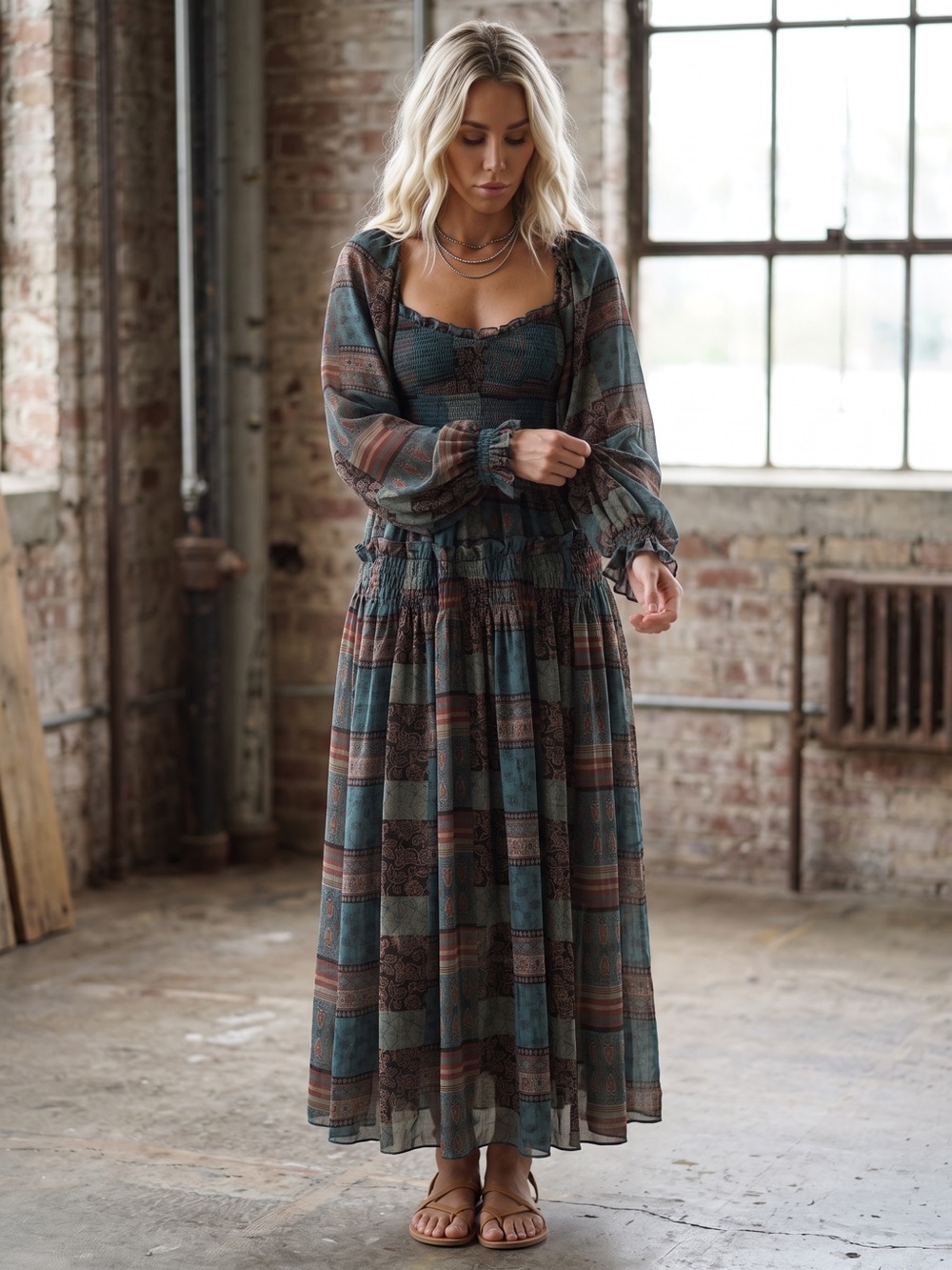 NWT Promesa Patchwork Boho Balloon Sleeve Maxi Dress - Picture 5 of 5